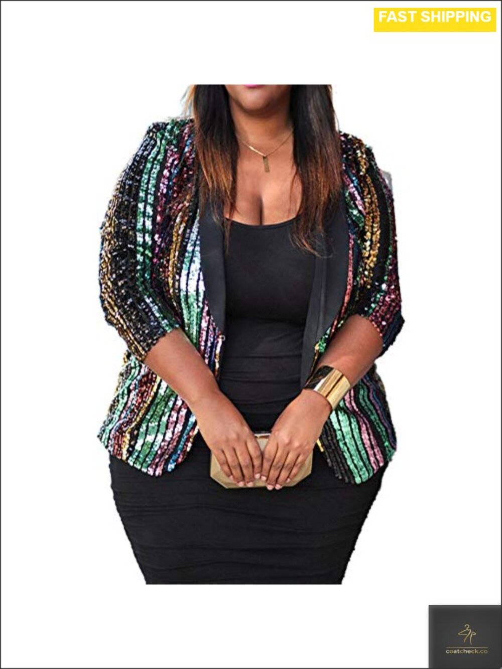 Plus Size Sequin Blazer Shawl Collar Three-Quarter Sleeve Color Block Coat